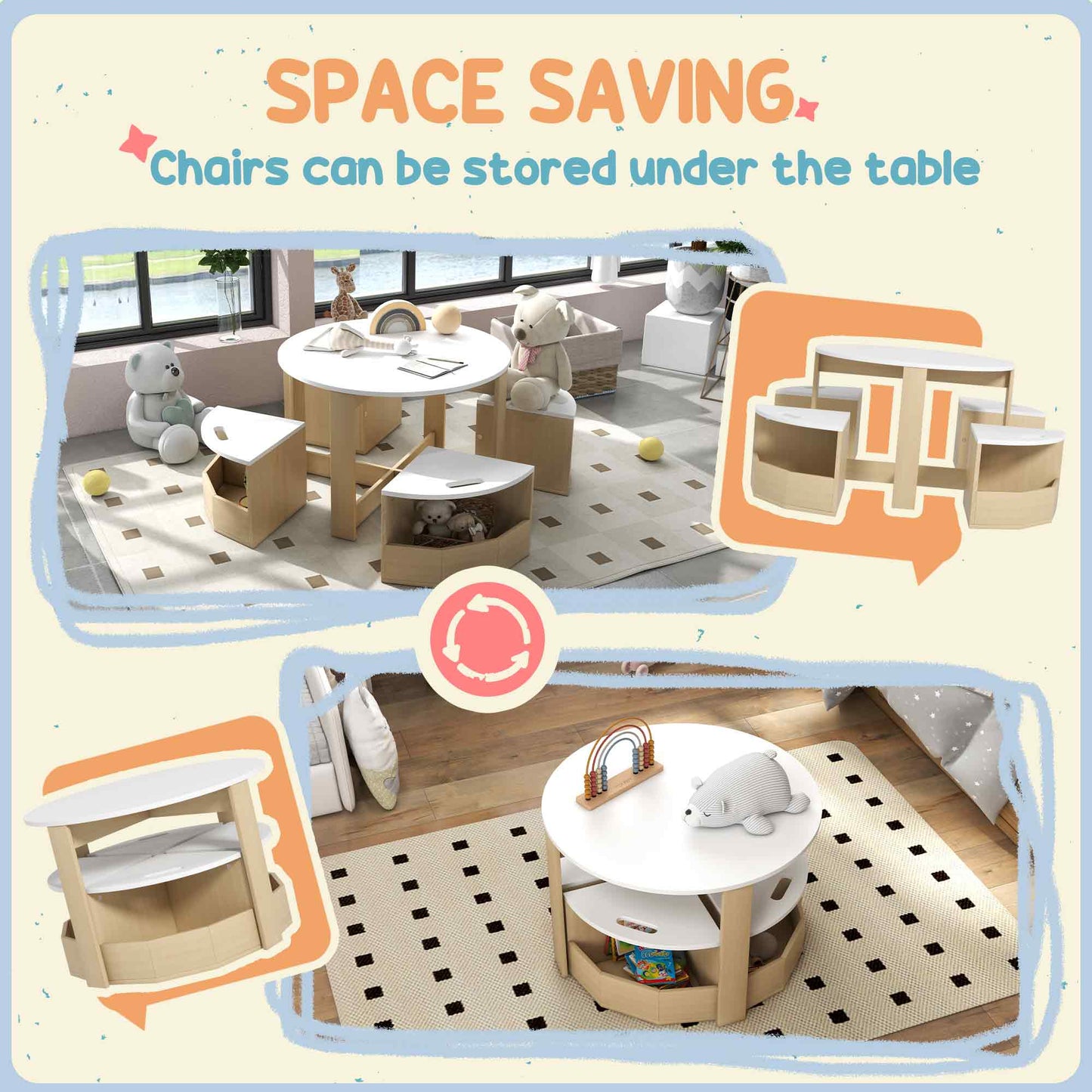 5 Piece Kids Table and Chair Set with Storage for Kids Room, White