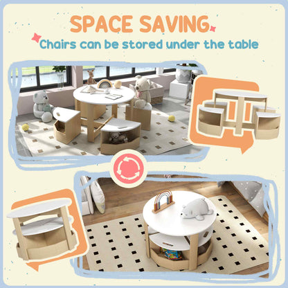 5 Piece Kids Table and Chair Set with Storage for Kids Room, White