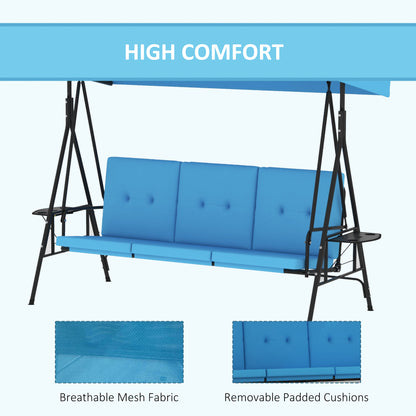 3-Seat Patio Swing with Adjustable Canopy & Side Tray, Outdoor Porch Swing, Removable Blue Cushion for Garden, Poolside