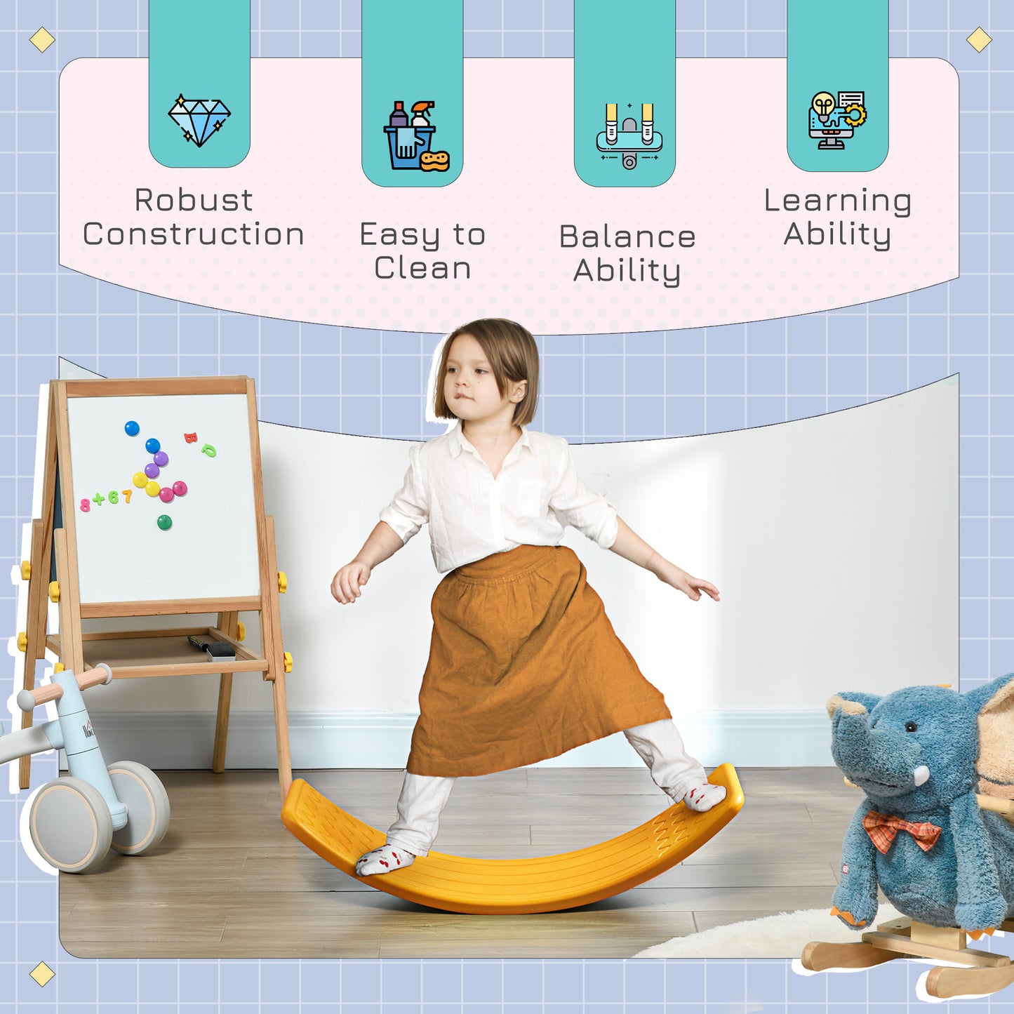 32.3" Balance Board Wobble Board Kids Curvy Rocker Board Ended Preschool Learning Montessori Waldorf Toy Yellow Kids Crystal