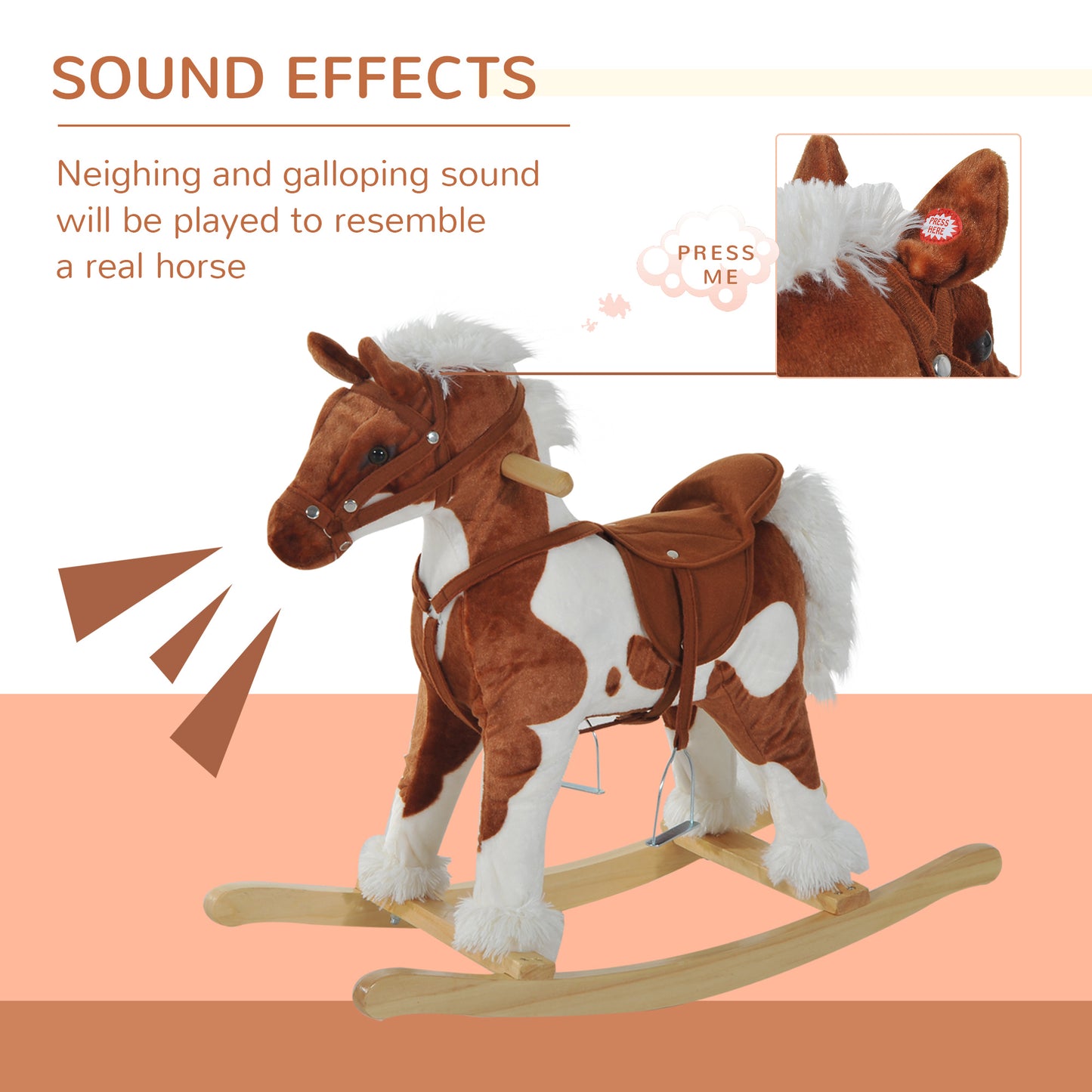 Kids Metal Plush Ride-On Rocking Horse Chair Toy w/ Nursery Rhyme Music - Light Brown / White Kids Crystal