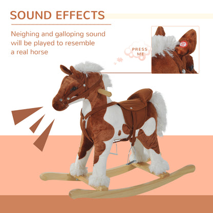Kids Metal Plush Ride-On Rocking Horse Chair Toy w/ Nursery Rhyme Music - Light Brown / White