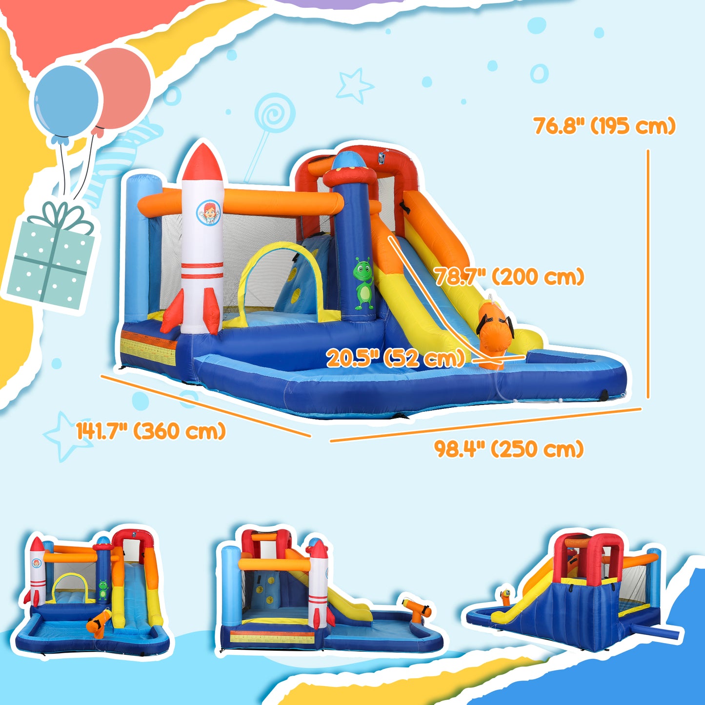 5 in 1 Inflatable Bouncy Castle for Kids with 550W Blower, Splash Pool, Jumping Area, Climbing Wall, Cannon Kids Crystal