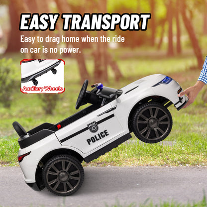 12V Kids Electric Police Car w/ Remote Control, Spring Suspension, Training Wheel, Siren, Music, Light, Horn, White