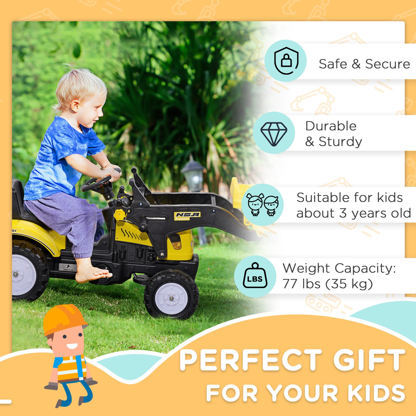 Ride on Tractor for Kids, Pedal Construction Car with Front Loader Digger for 3 Year Old, Yellow Kids Crystal