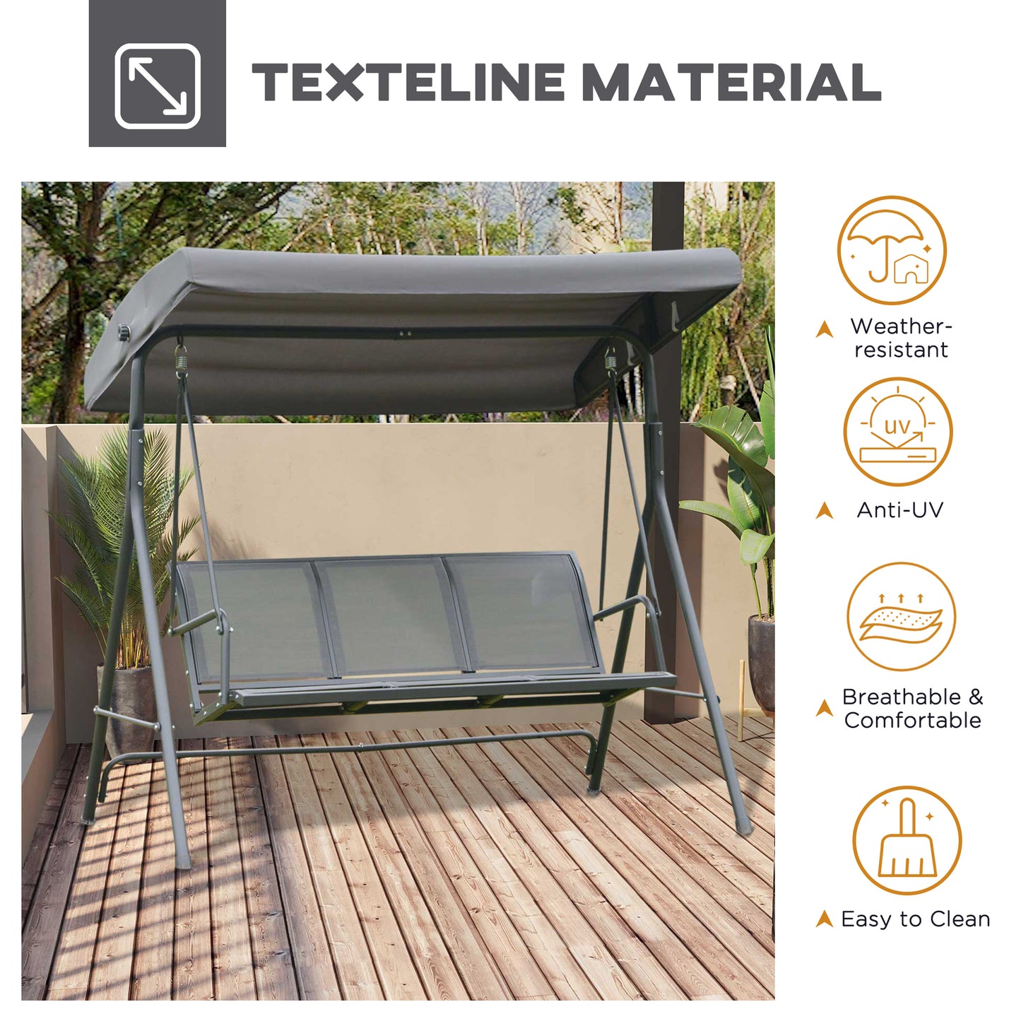 3-Seater Porch Swing Chair Garden Hammock A-Frame Outdoor Sling Seat with Adjustable Canopy Cover Kids Crystal
