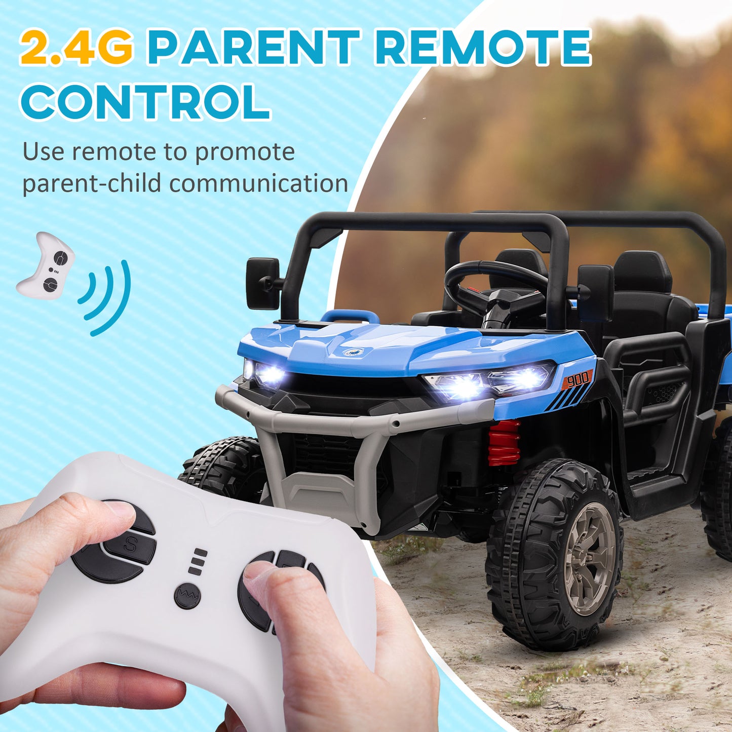 12V Ride-On Car 2-Seater Electric Bucket Shovel Remote Control Spring Suspension Horn Music Blue Kids Crystal