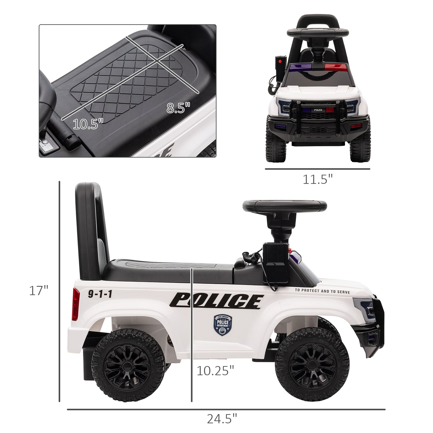 Kids Ride On Police Car Sliding Toy with Storage Megaphone Anti-Tip Device White Kids Crystal