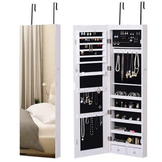 LED Lighted Mirror Jewelry Cabinet Wall Door Mounted Storage Organizer Armoire Wood Grain Gray