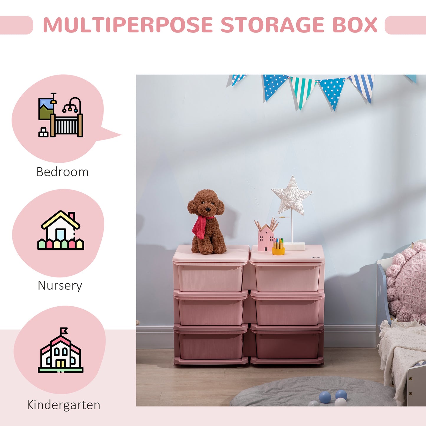 3 Tier Kids Toy Organizer and Storage Bins with 6 Plastic Drawers, Pink Kids Crystal