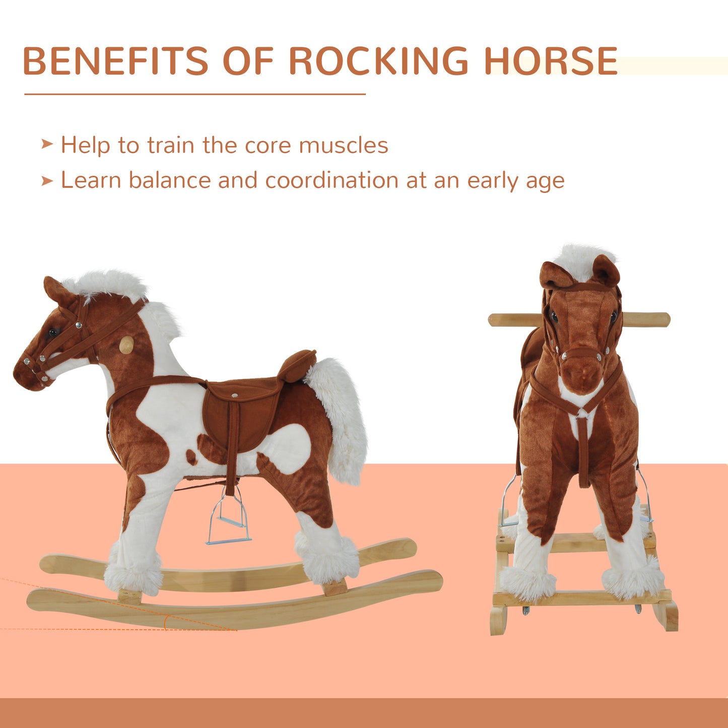Kids Metal Plush Ride-On Rocking Horse Chair Toy w/ Nursery Rhyme Music - Light Brown / White Kids Crystal