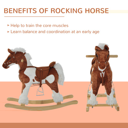 Kids Metal Plush Ride-On Rocking Horse Chair Toy w/ Nursery Rhyme Music - Light Brown / White