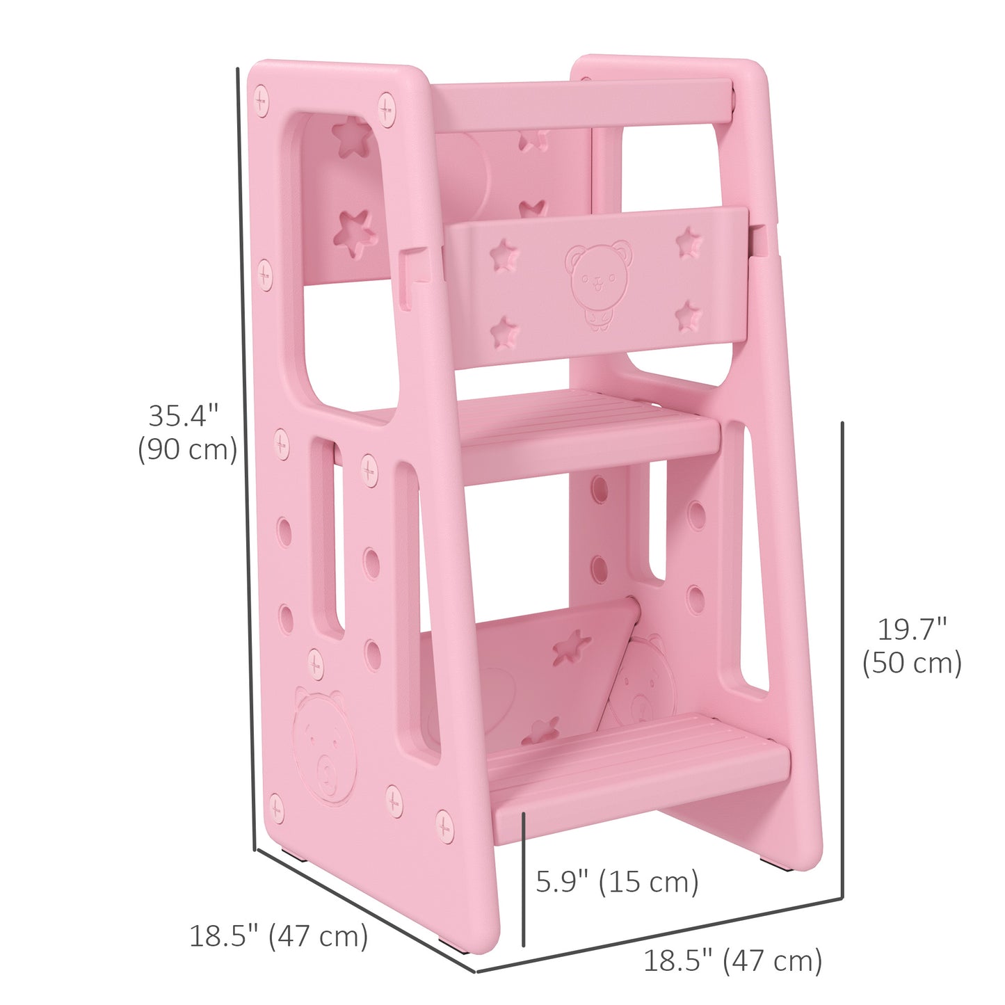 Toddler Kitchen Helper 2 Step Stool with Adjustable Height Platform and Safety Rail, Pink