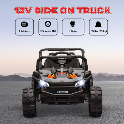 12V Kids Ride On Car, Toy Truck with Remote Control, Spring Suspension, LED Headlights, 3 Speeds, Black