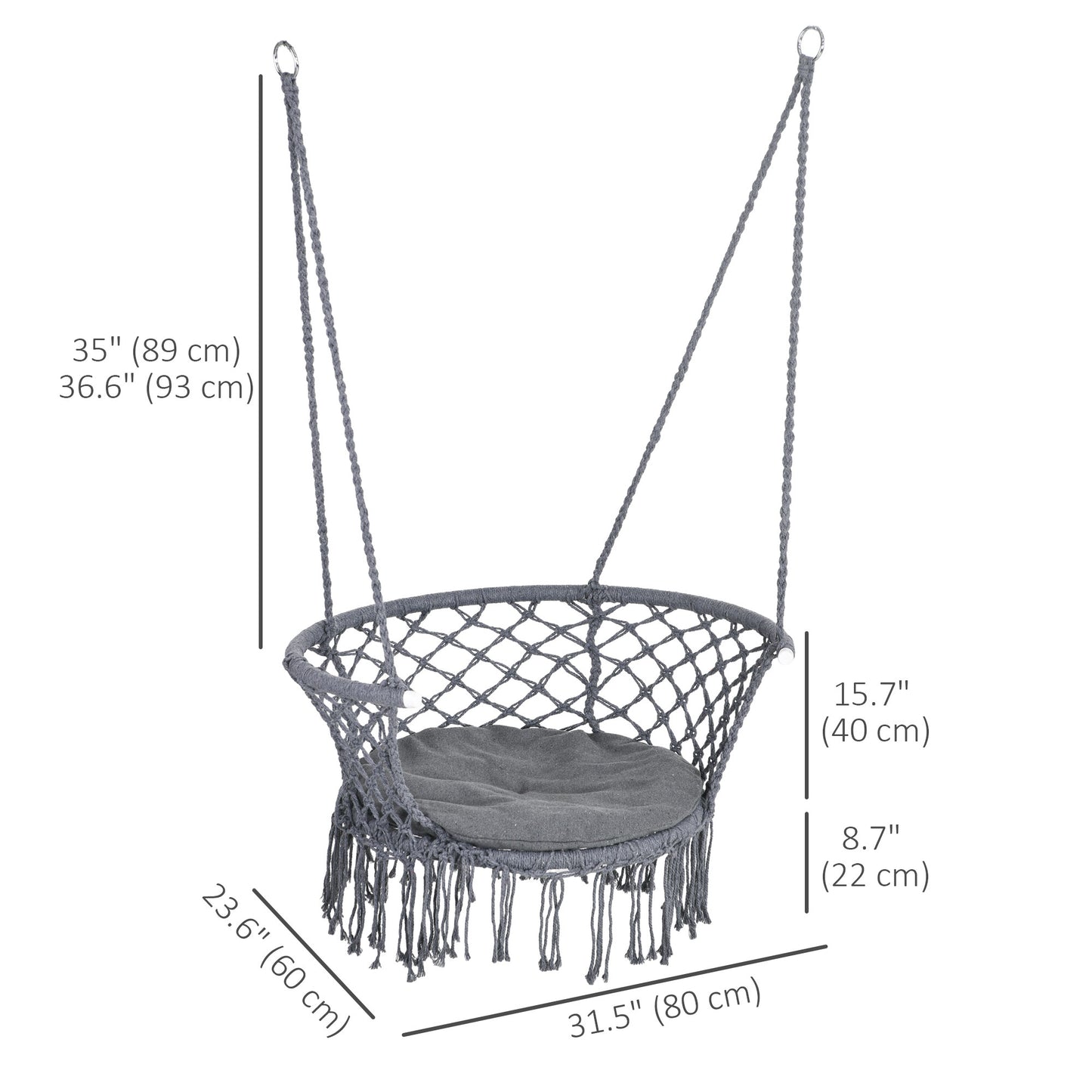 Cotton Rope Hanging Hammock Chair Porch Swing with Metal Frame and Cushion Comfortable Dark Grey Kids Crystal