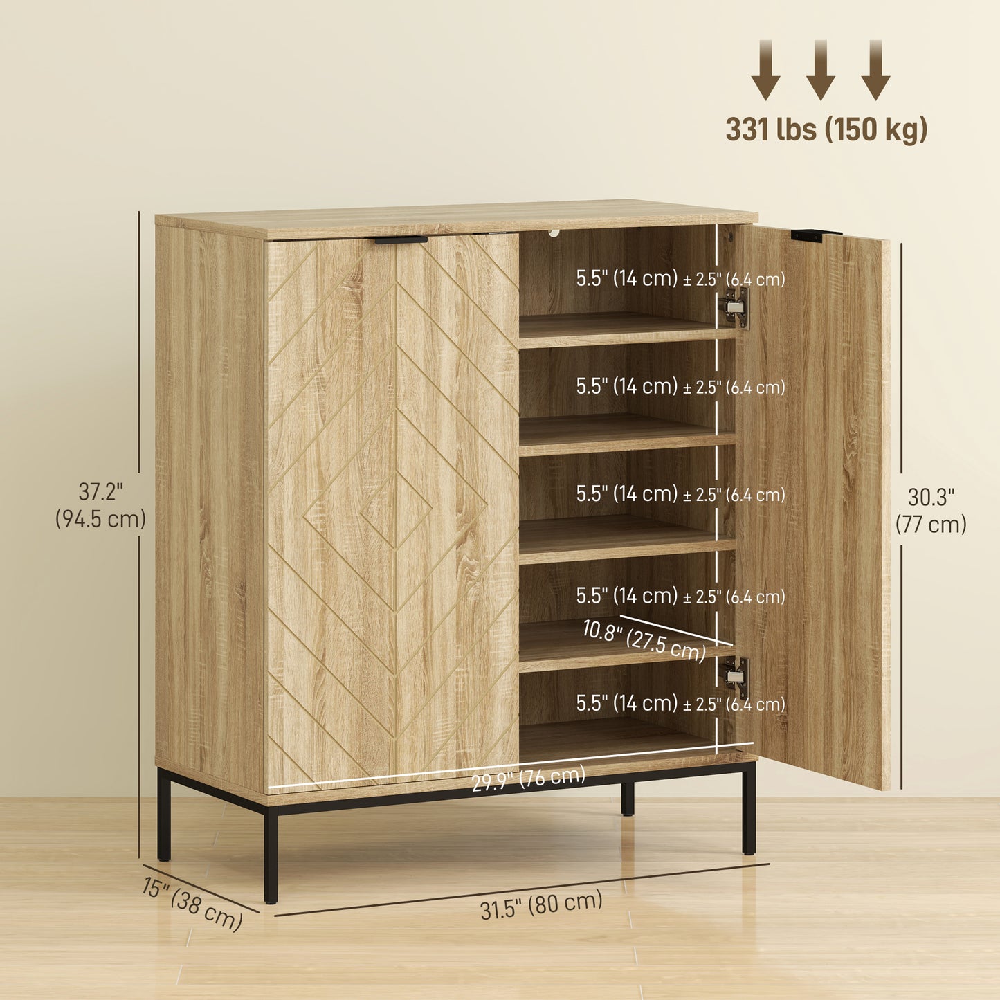 Shoe Storage Cabinet for 15 Pairs, Freestanding Shoe Cabinet with Doors and Adjustable Shelves for Hallway, Oak Kids Crystal
