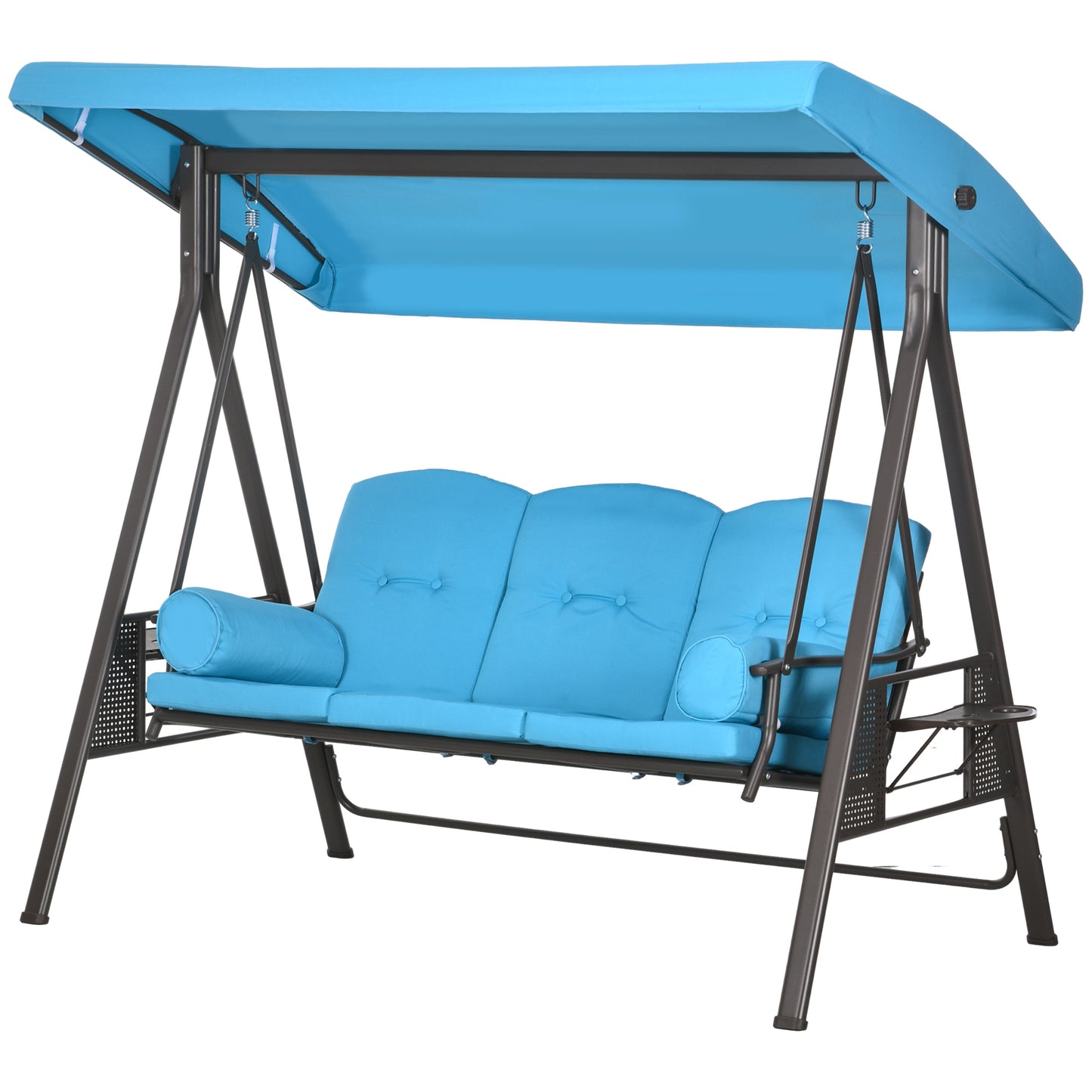 Outdoor Patio 3-Person Steel Canopy Cushioned Seat Bench Swing with Included Side Trays & Padded Comfort, Light Blue Kids Crystal