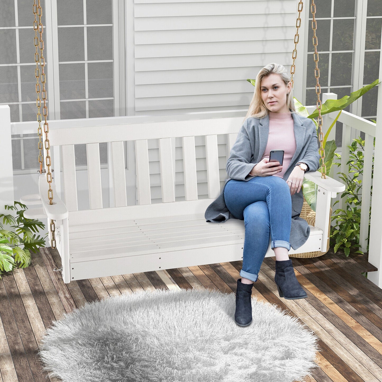 54 Inch HDPE Patio Porch Swing with Cup Holder-White Kids Crystal