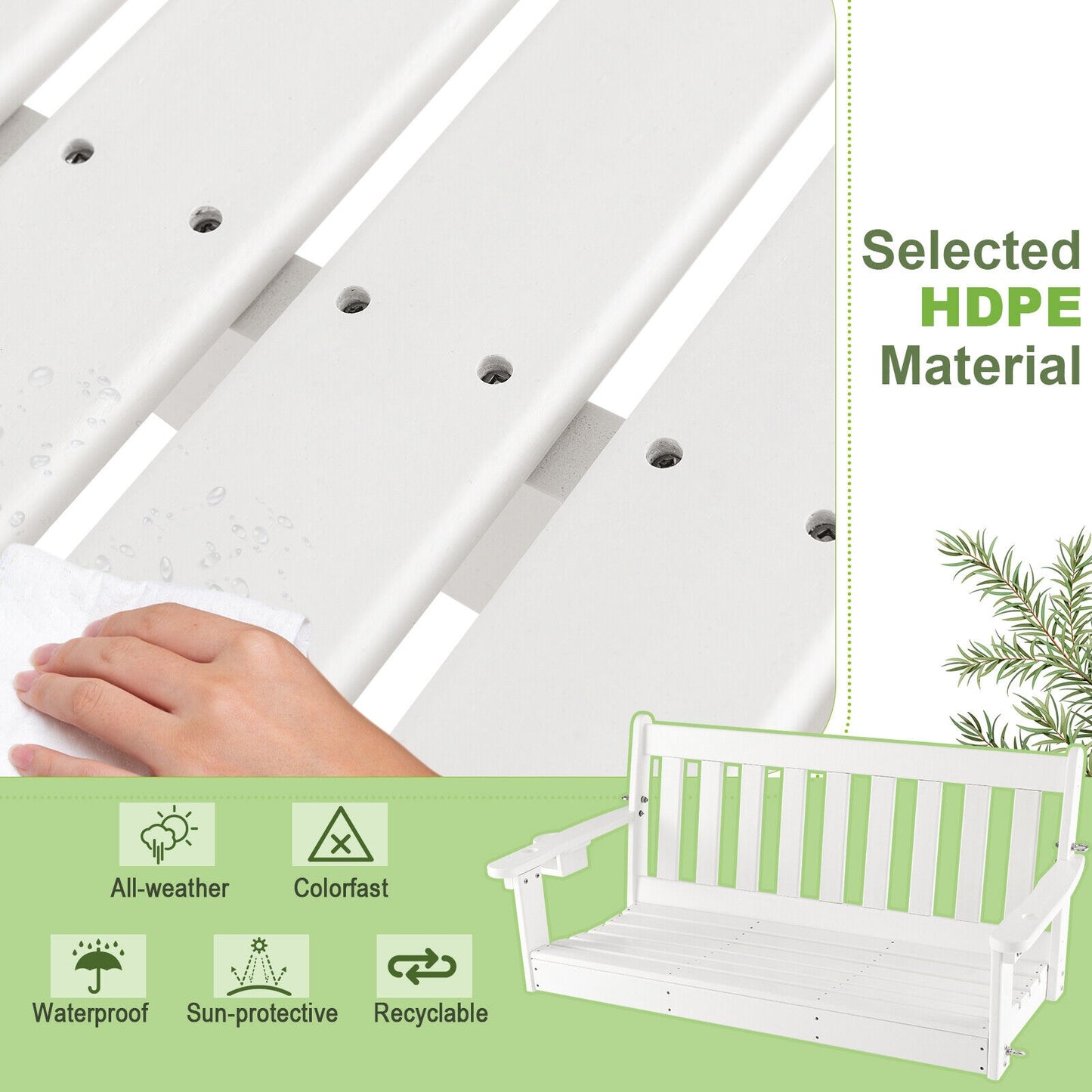 54 Inch HDPE Patio Porch Swing with Cup Holder-White Kids Crystal