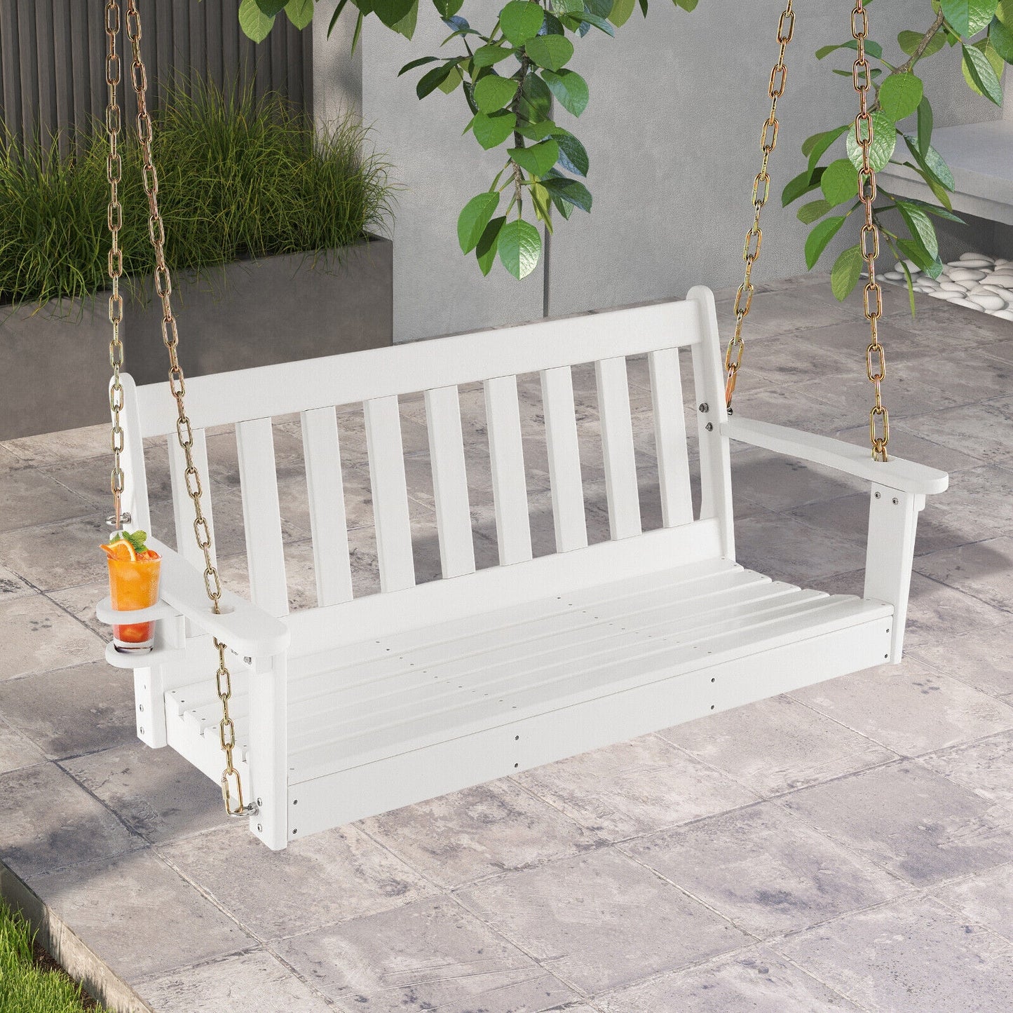 54 Inch HDPE Patio Porch Swing with Cup Holder-White Kids Crystal