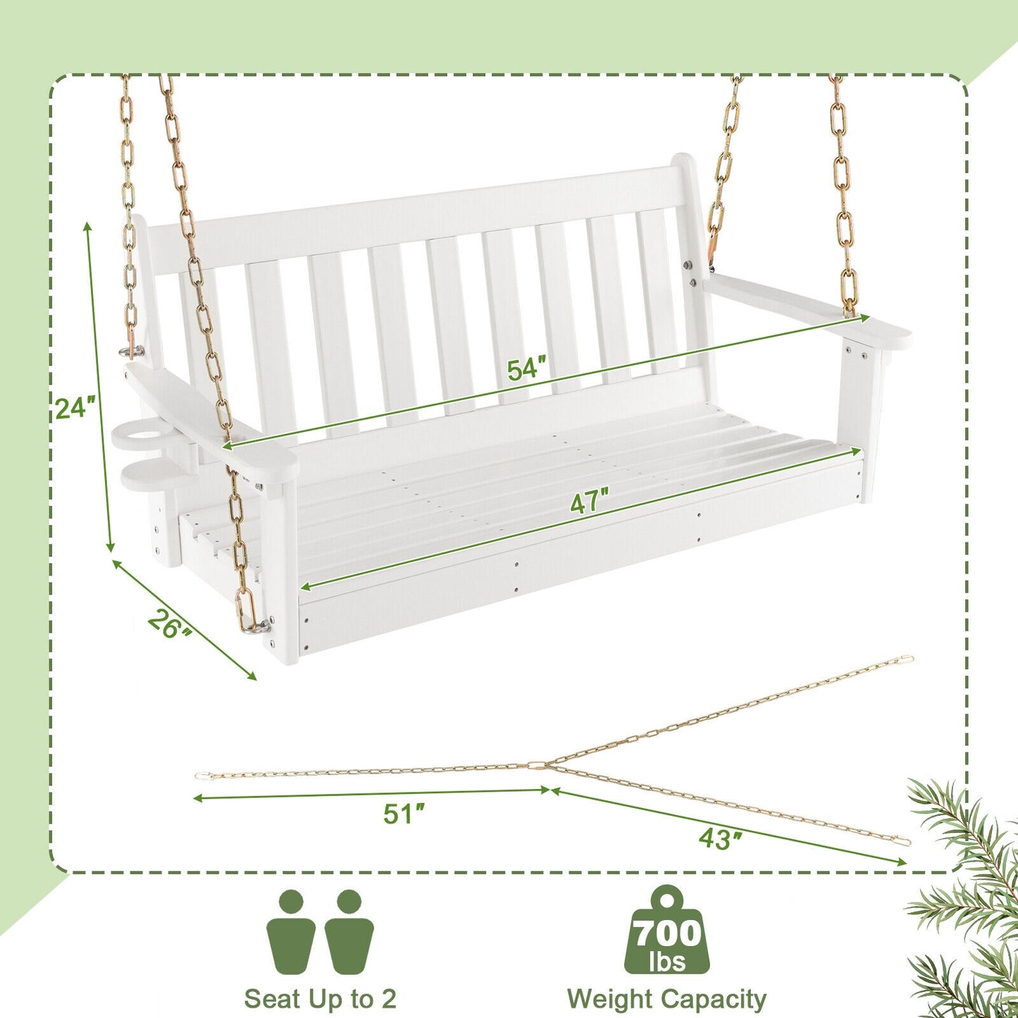 54 Inch HDPE Patio Porch Swing with Cup Holder-White Kids Crystal