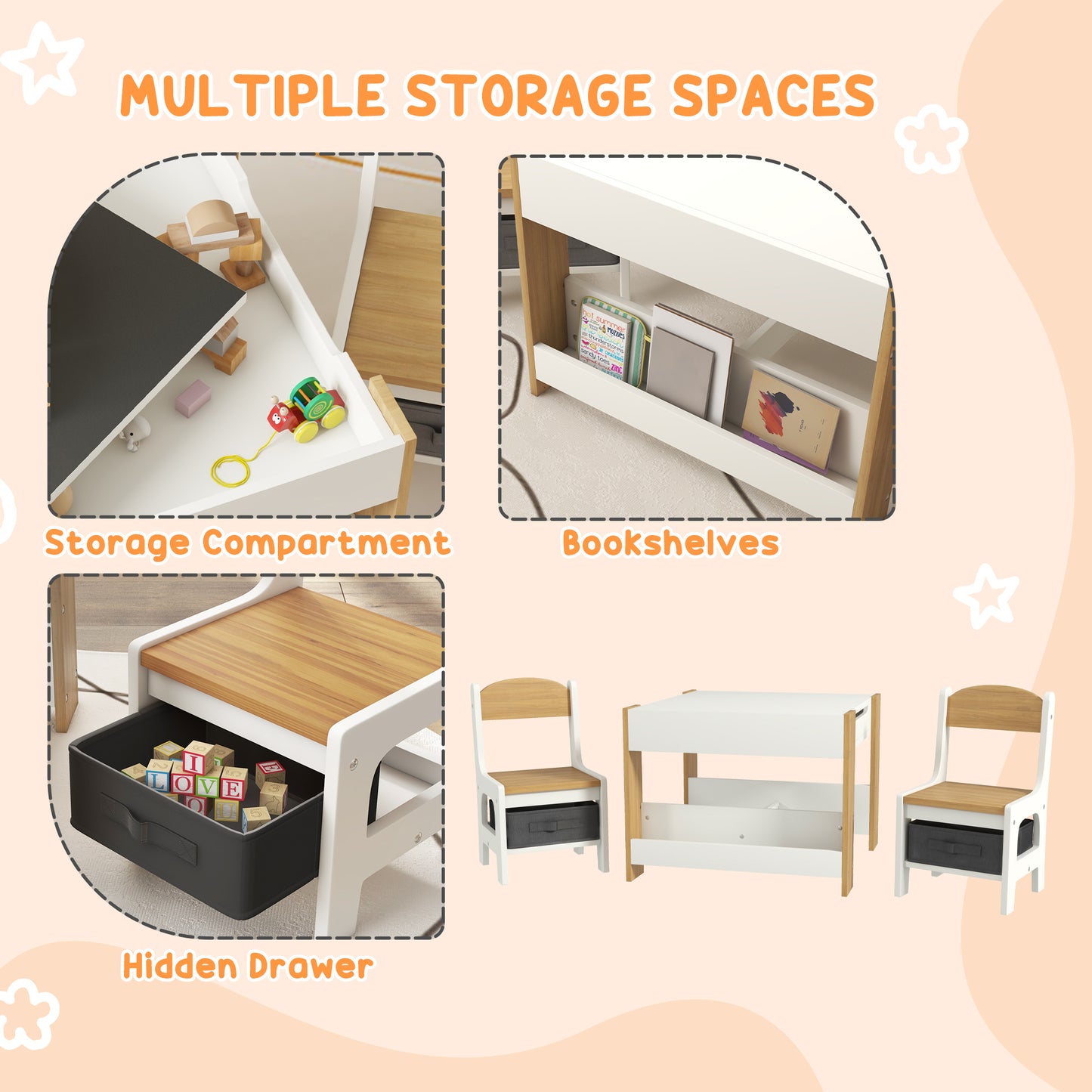3-Piece Kids Table & Chair Set with Reversible Tabletop & Storage in Natural - Perfect for Nurseries