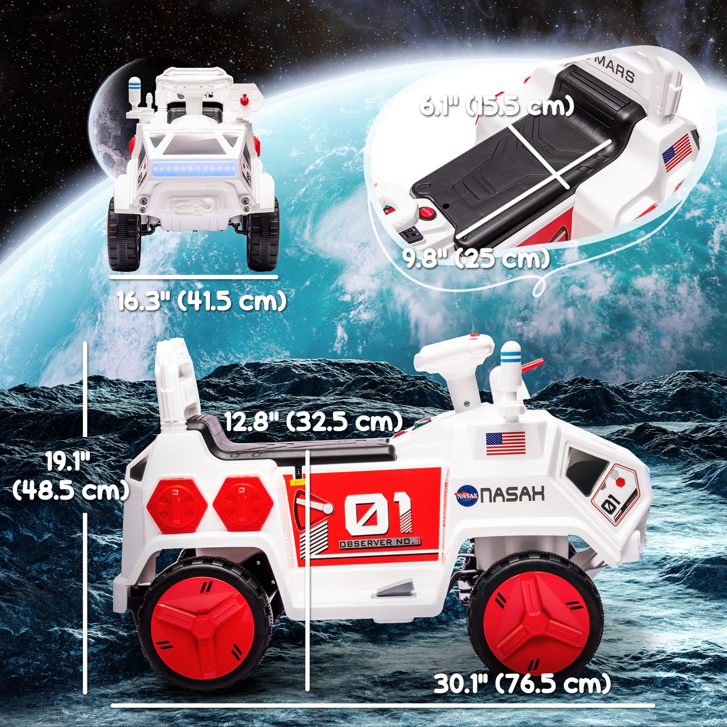 6V Mars Rover Ride On Car for Kids Sounds Lights MP3 Player Electric Toy Vehicle Riding Experience Ages 3-5 White Kids Crystal
