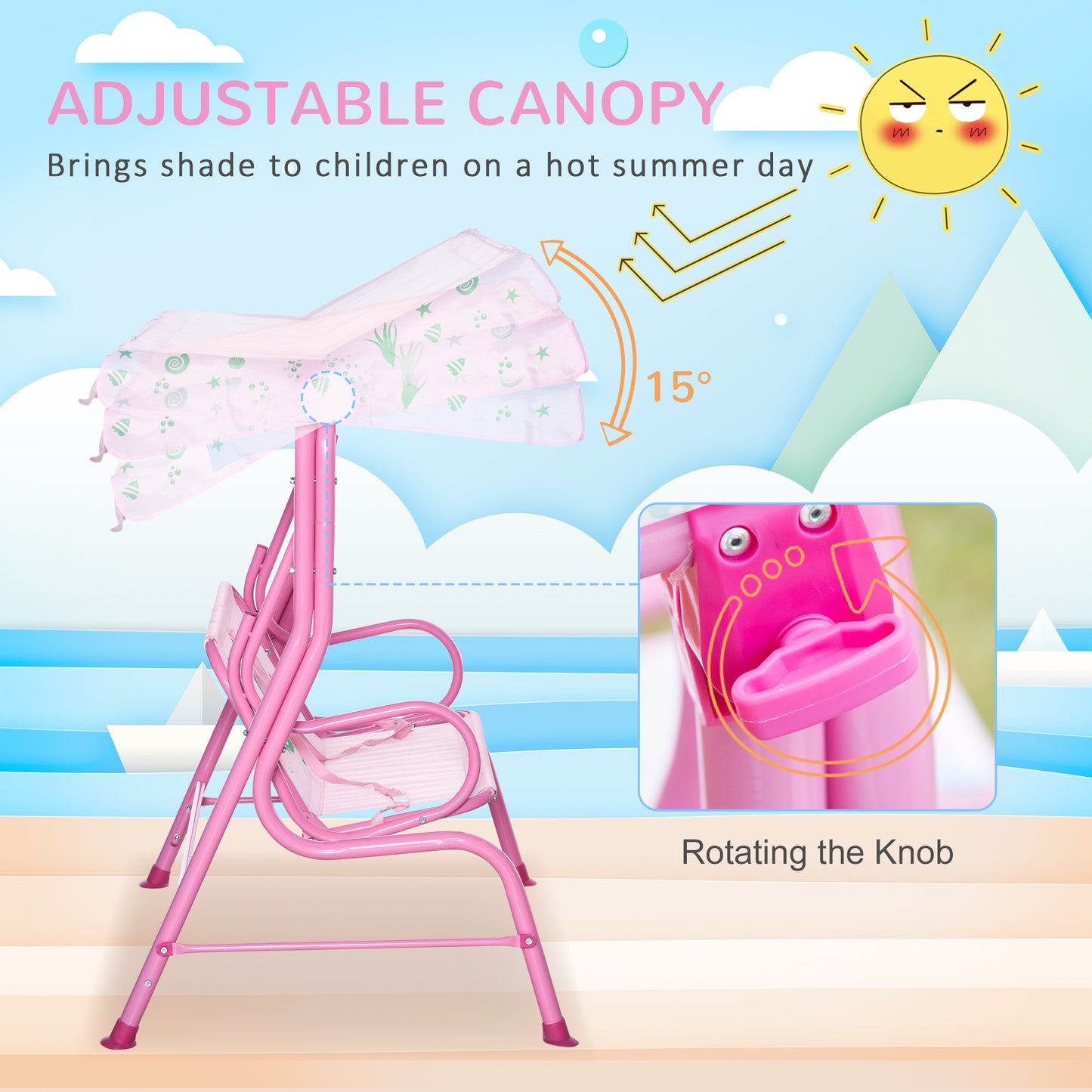 2-Seat Kid Swing with Canopy Mermaid Pattern Pink Outdoor Patio Chair Adjustable Awning