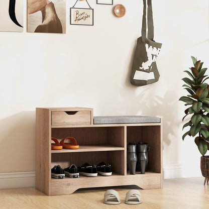 Upholstered Shoe Storage Bench, Hallway Shoe Storage with Seat, Drawer, 3 Open Shelves for Entryway, Grey