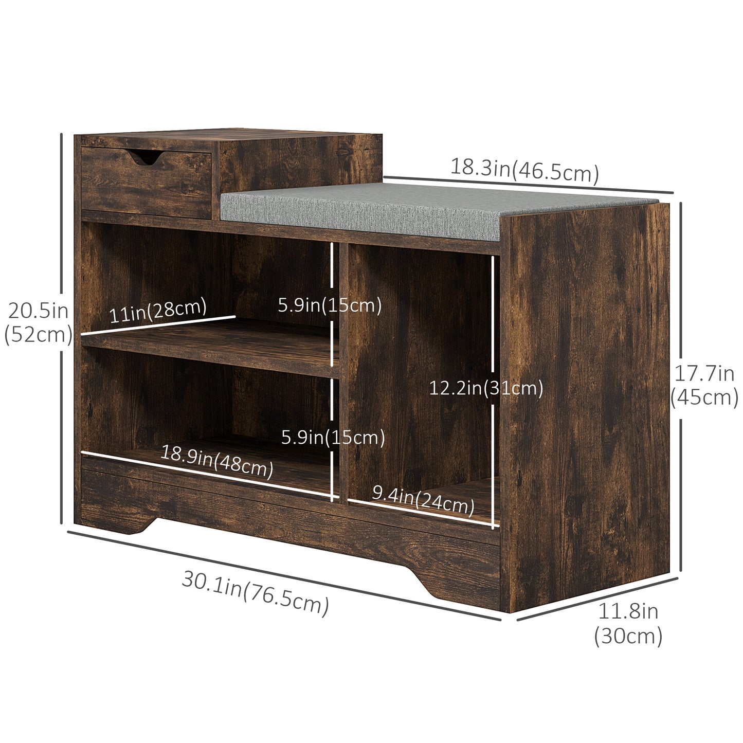 Upholstered Shoe Storage Bench Hallway Entryway Seat Drawer 3 Open Shelves Rustic Brown Wood Kids Crystal