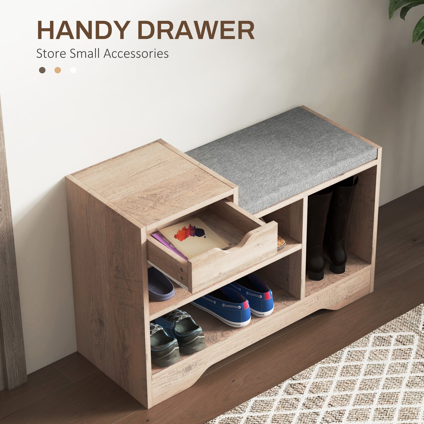 Upholstered Shoe Storage Bench, Hallway Shoe Storage with Seat, Drawer, 3 Open Shelves for Entryway, Grey Kids Crystal