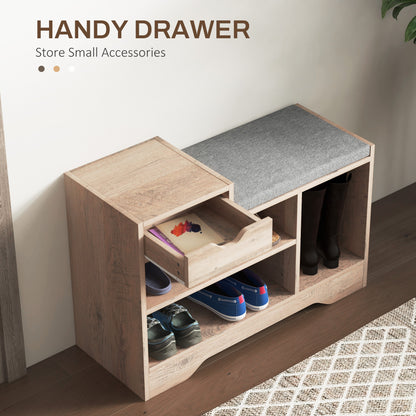 Upholstered Shoe Storage Bench, Hallway Shoe Storage with Seat, Drawer, 3 Open Shelves for Entryway, Grey