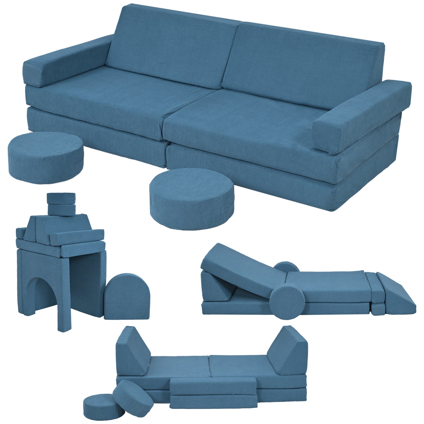 12-Piece Modular Kids Play Couch Building Fort for Playroom Bedroom, Convertible Kids Sofa, Blue