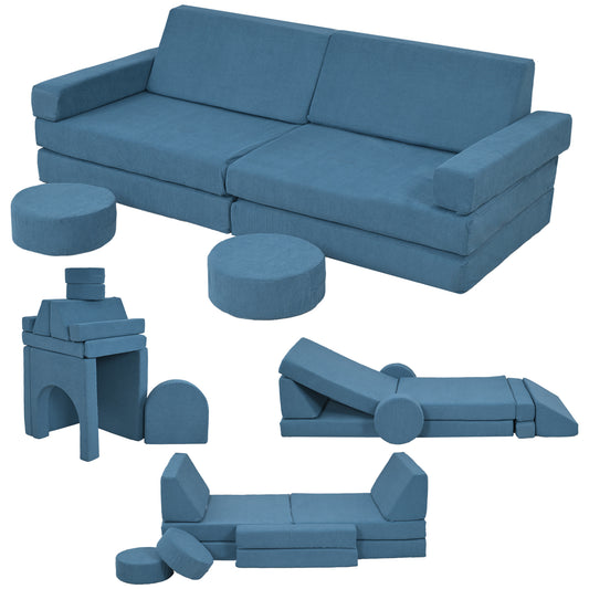 12-Piece Modular Kids Play Couch Building Fort for Playroom Bedroom, Convertible Kids Sofa, Blue