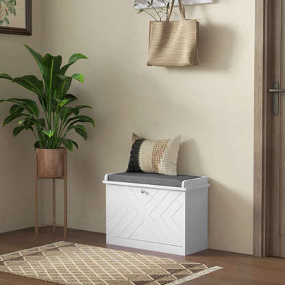 Entryway Shoe Bench with Storage Flip Drawer Adjustable Shelf for 6 Pairs Cushioned Hallway Bench White