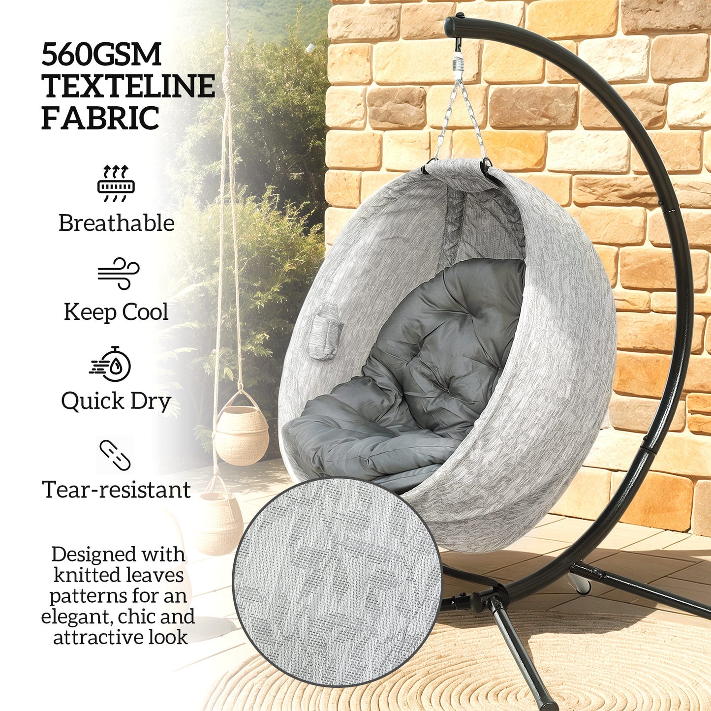 Egg Chair with Folding Basket, Outdoor Indoor Hanging Swing Chair with Stand, Cushions for Patio, Balcony, Grey