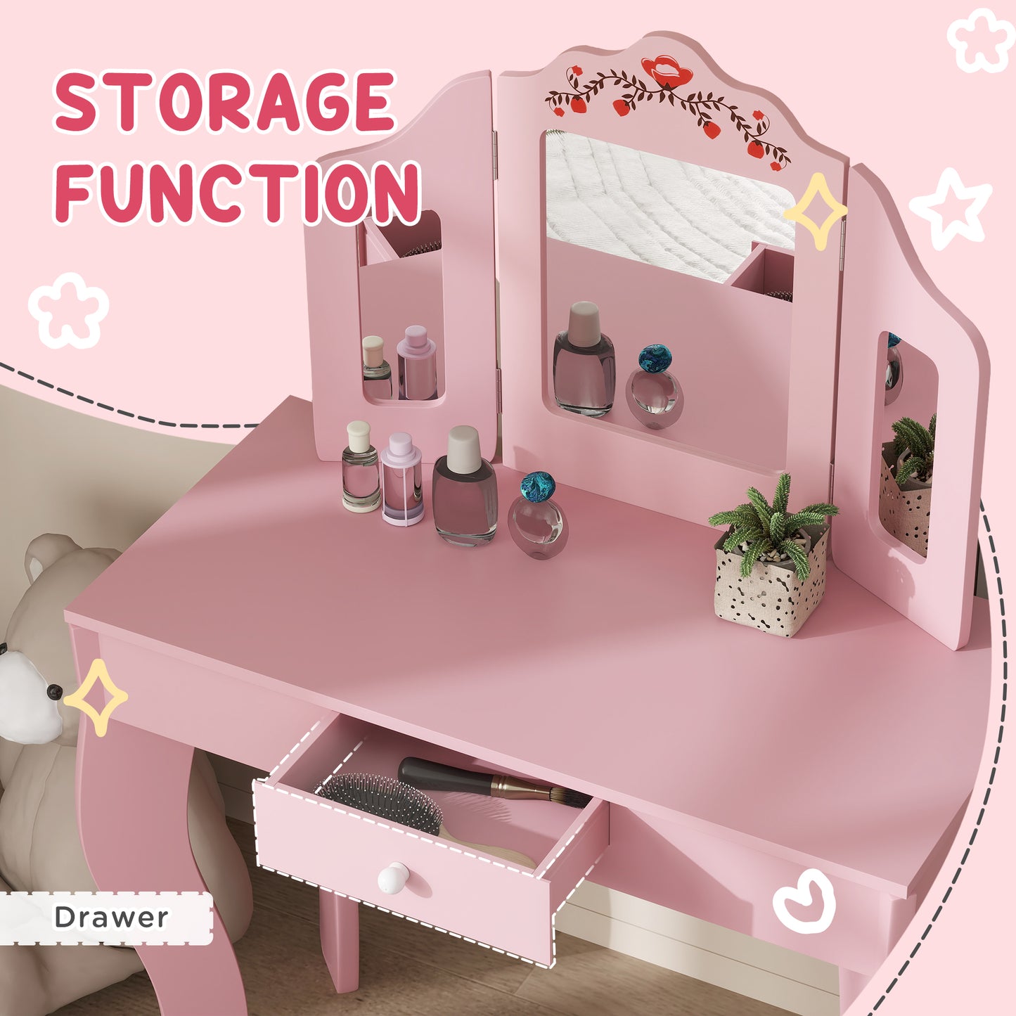 Kids Vanity Set, Dual-Use Dressing Table with Removable Tri-Folding Mirror and Drawer, for Ages 3-8, Pink Kids Crystal