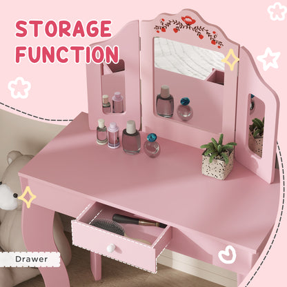 Kids Vanity Set, Dual-Use Dressing Table with Removable Tri-Folding Mirror and Drawer, for Ages 3-8, Pink