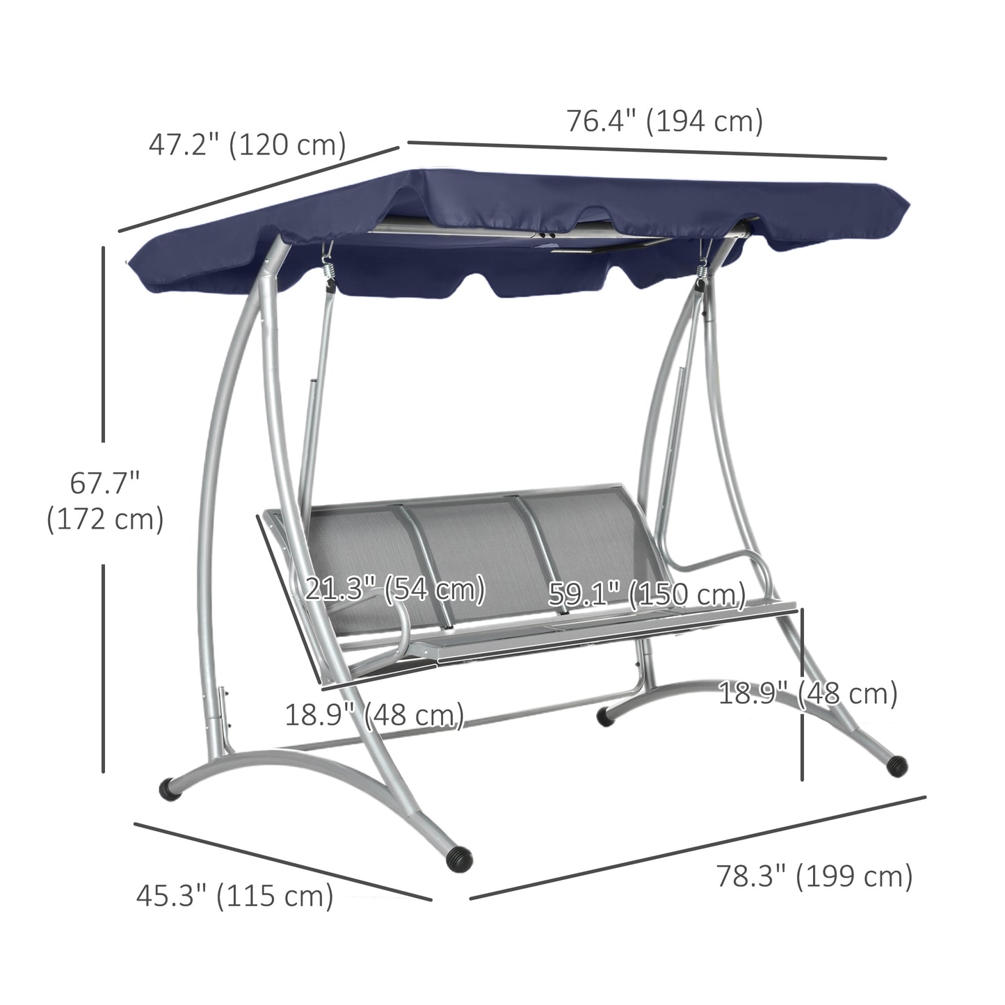 3-Seater Outdoor Swing Chair Bench with Adjustable Canopy, Dark Blue Kids Crystal