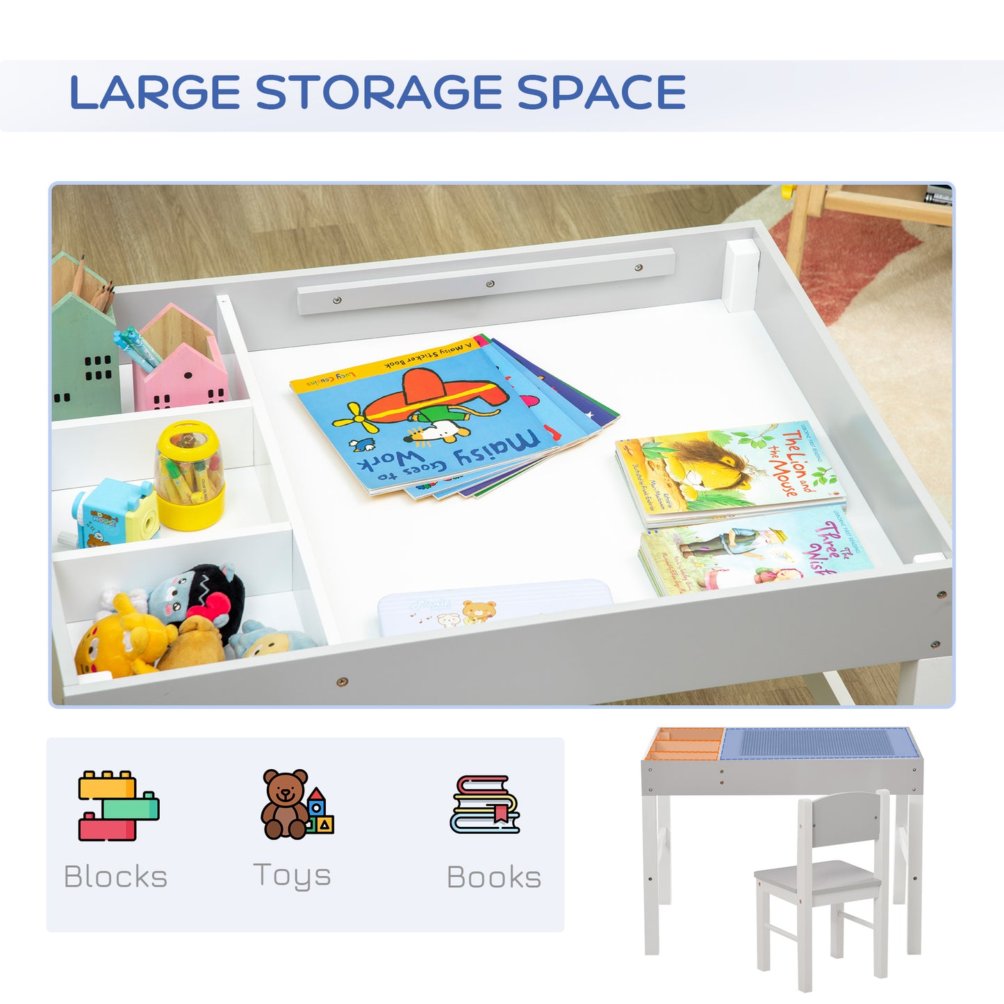 Kids Table Set with Building Block Desktop: 2-Piece Toddler Set, Multiple Storage Spaces Kids Crystal