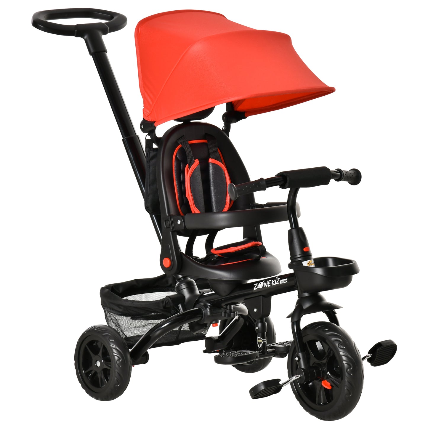 4-in-1 Baby Tricycle Stroller, Reversible Seat, Adjustable, Canopy, Safety Belt, Red - Versatile Outdoor Ride Kids Crystal