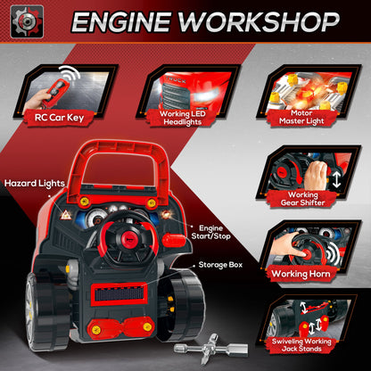 Educational Kids Truck Engine Toy Set Car Service Station Playset with Steering Wheel Horn Light RC Car Key Red