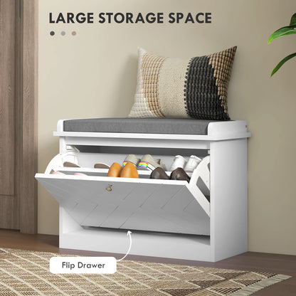 Entryway Shoe Bench with Storage Flip Drawer Adjustable Shelf for 6 Pairs Cushioned Hallway Bench White