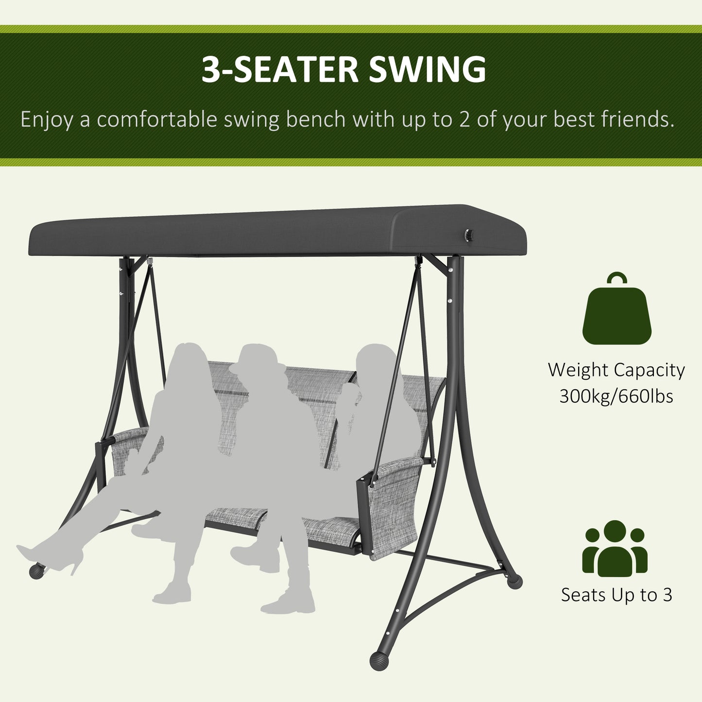 3 Person Outdoor Swing Chair - Adjustable Canopy for Optimal Shade, Comfortable Seating, Sleek Black Kids Crystal