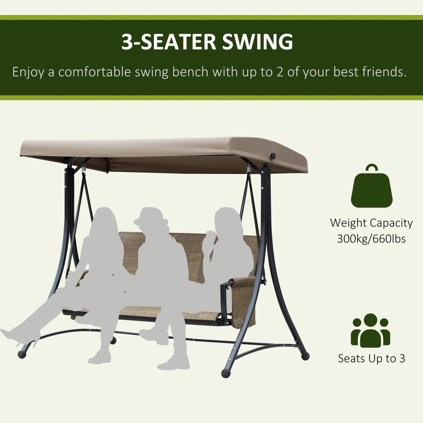 3 Person Porch Swing Outdoor Swing Chair with High Back Design, Side Pouches and Adjustable Canopy, Brown Kids Crystal