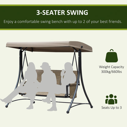 3 Person Porch Swing Outdoor Swing Chair with High Back Design, Side Pouches and Adjustable Canopy, Brown