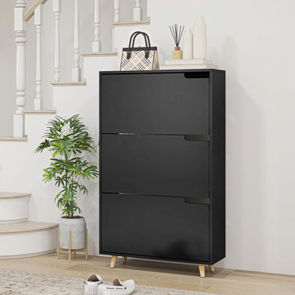 Slim Shoe Storage Cabinet 3 Flip Drawers Adjustable Shelves for 18-24 Pairs Black