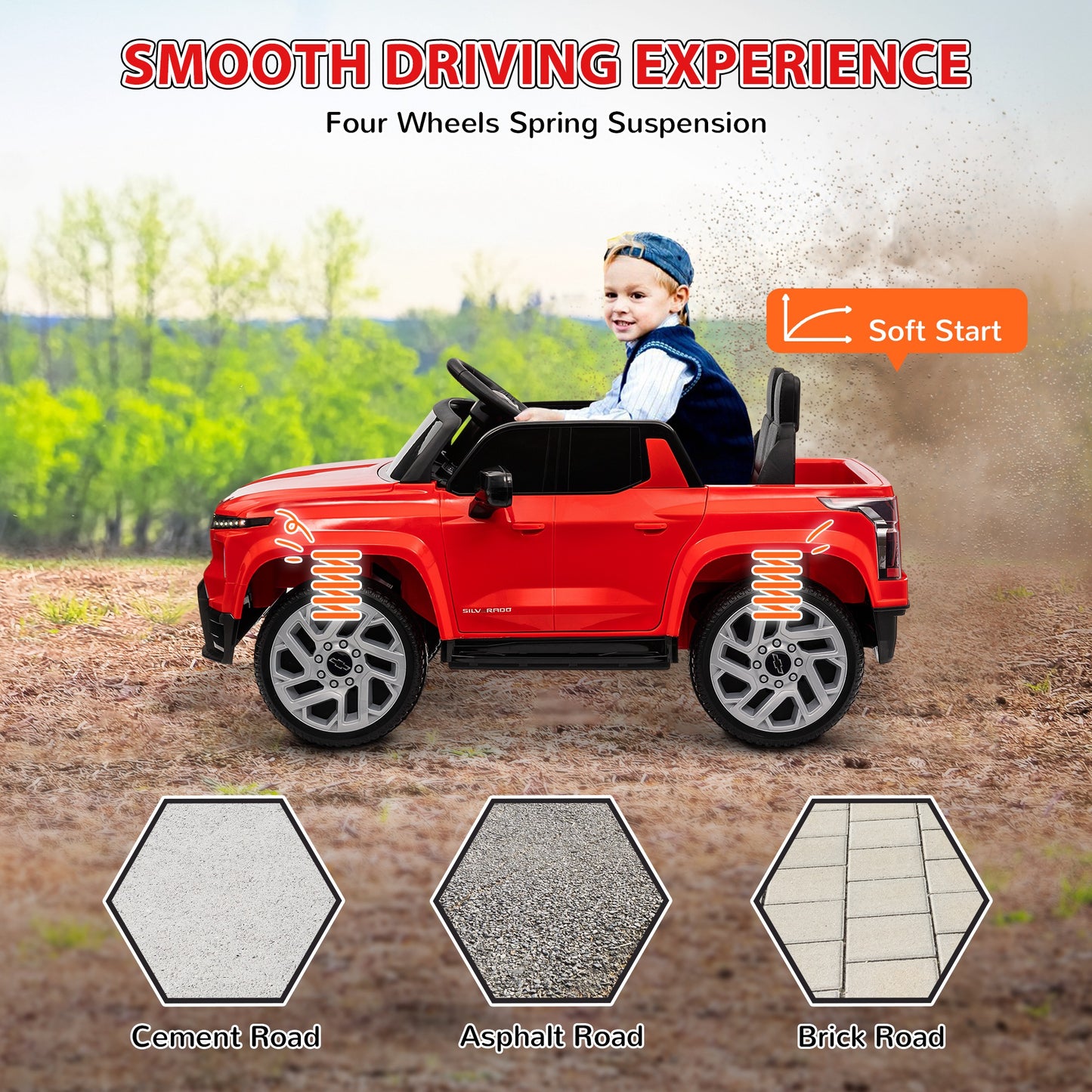 12V CHEVROLET SILVERADO EV RST Licensed Kids Car w/ Remote, Spring Suspension, Soft Start, Training Wheels, Red Kids Crystal