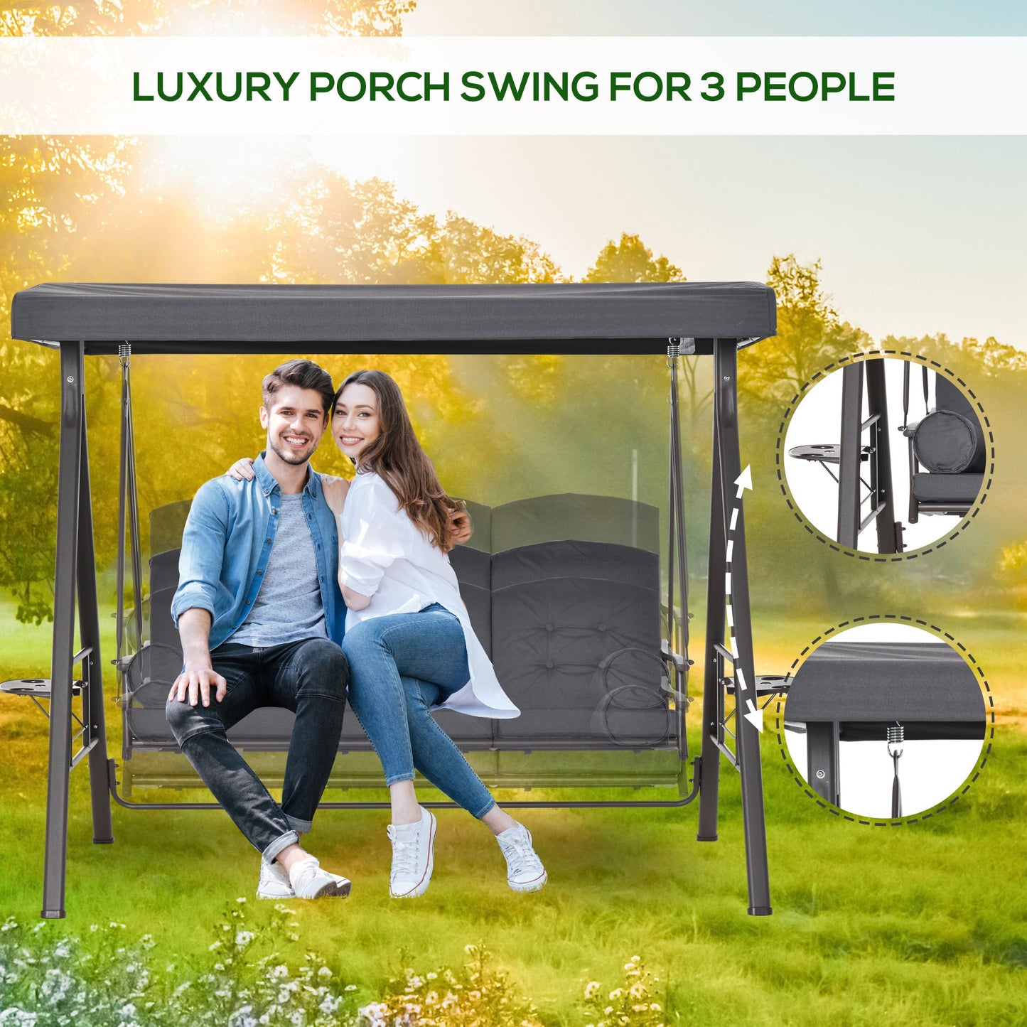 Outdoor Patio 3-Person Steel Canopy Cushioned Seat Bench Swing with Included Side Trays & Padded Comfort, Dark Grey Kids Crystal