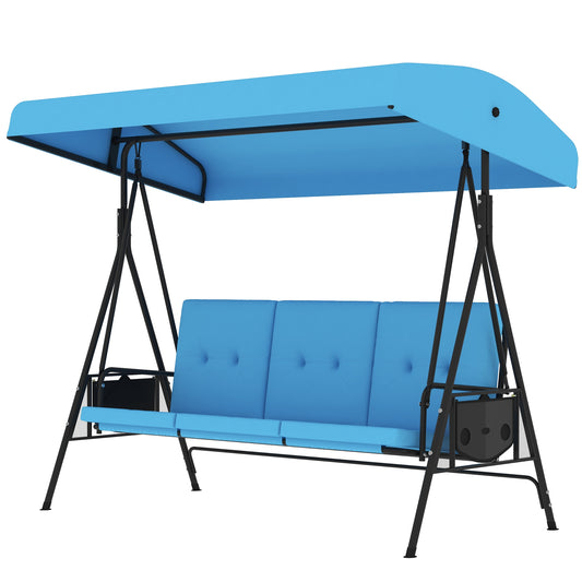 3-Seat Patio Swing with Adjustable Canopy & Side Tray, Outdoor Porch Swing, Removable Blue Cushion for Garden, Poolside Kids Crystal